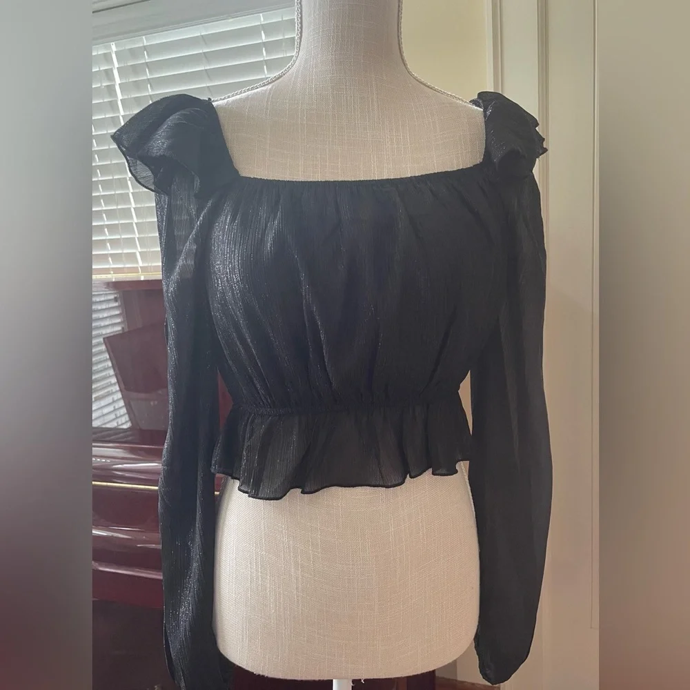 NWOT Black Sparkle Long Sleeve On-Off-Shoulder Crop Top. Small.🖤 - Picture 12 of 13